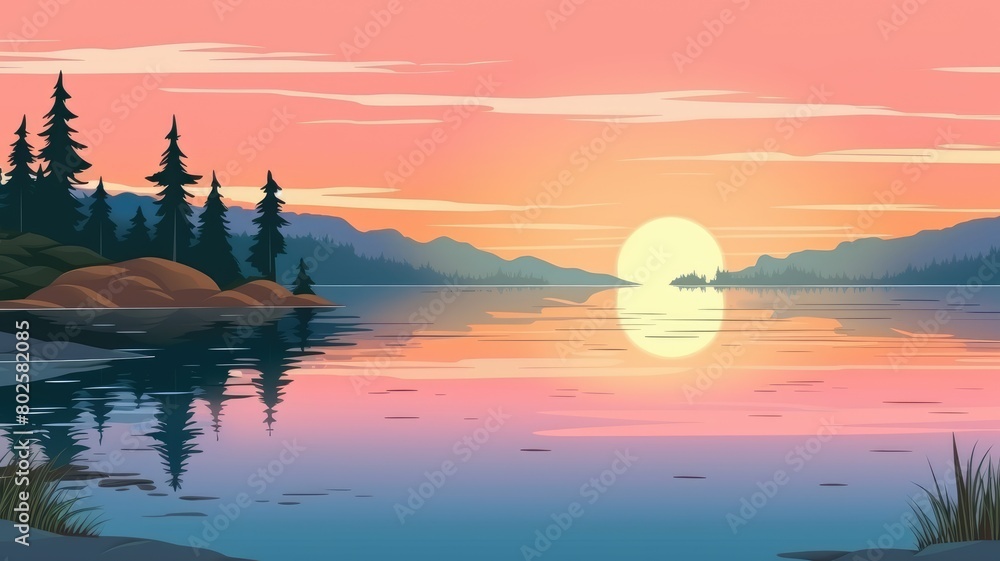 Obraz premium Serene lake landscape at sunset, cartoon illustration with vibrant sky colors reflecting on tranquil waters