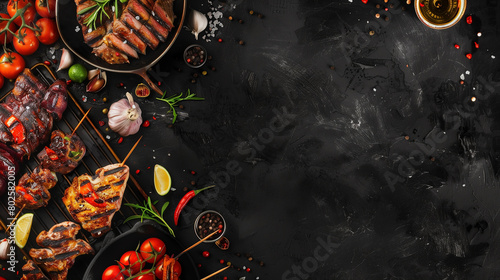 Summer BBQ food corner border with hot dog and hamburger buffet. Top down view over a dark slate banner background. Copy space.