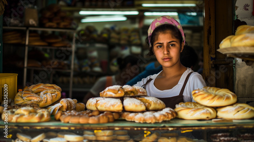 Serious girl baker in a bakery among bakery products. Horizontal format.