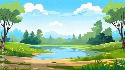 Cheerful cartoon illustration of a sunny meadow with colorful flowers and a scenic mountain backdrop