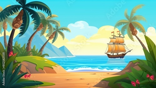 Idyllic tropical beach cartoon illustration with a sailing ship on the horizon and lush palm trees