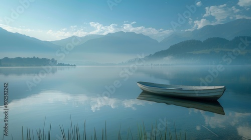 A peaceful lake with a lone boat and mountains in the background evoking a sense of serenity and connection with the natural world.. © Justlight