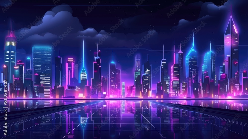 Cartoon illustration of a neon-lit metaverse cityscape, showcasing a vibrant night with glowing reflections