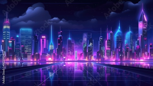 Cartoon illustration of a neon-lit metaverse cityscape  showcasing a vibrant night with glowing reflections