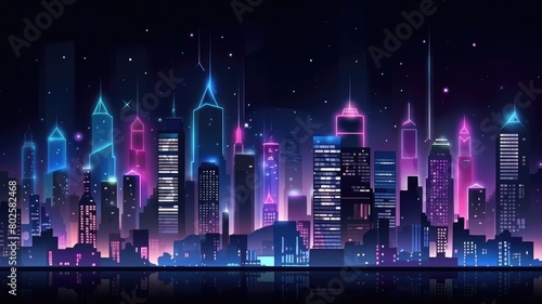 Vibrant cartoon illustration of a night city bathed in neon lights  reflecting a lively urban atmosphere