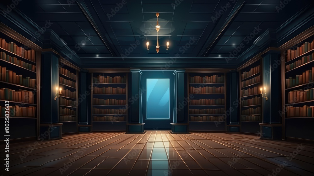 Cartoon illustration of an opulent library interior, bathed in the gentle glow of moonlight, exuding scholarly elegance
