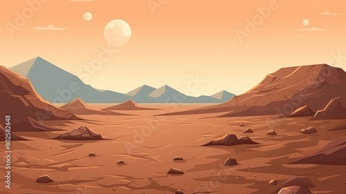Cartoon illustration of a Martian desert landscape, capturing the barren beauty of an alien planet