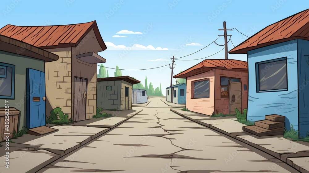 Cartoon illustration of a dilapidated urban street with shabby shacks under a clear sky, evoking the stark reality of poverty