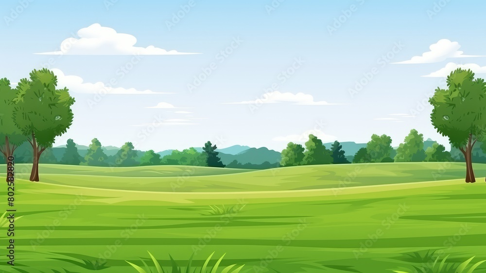 Obraz premium Cartoon illustration of a lush golf course landscape, basking in the serenity of nature’s embrace