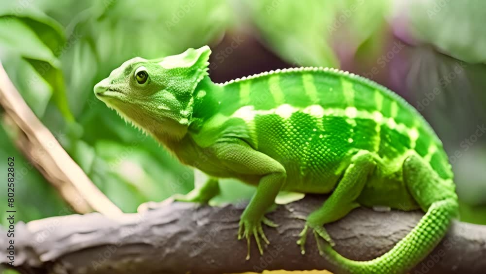 Green and Yellow Lizard Perched on Tree Branch Generative AI Green and Yellow Lizard Perched on Tree Branch Generative AI