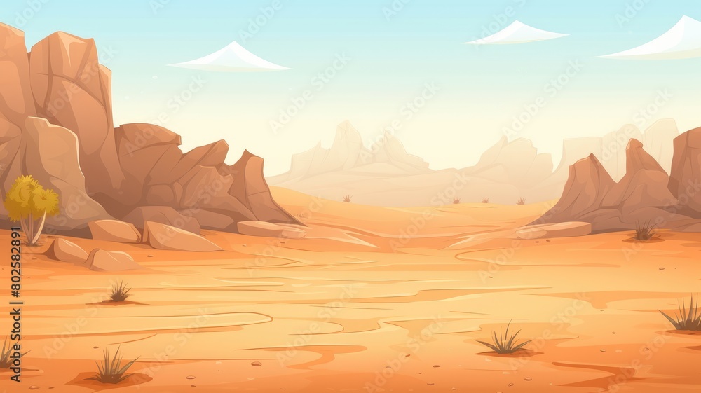 Cartoon illustration of a tranquil African desert oasis with lush palms and a mountain backdrop