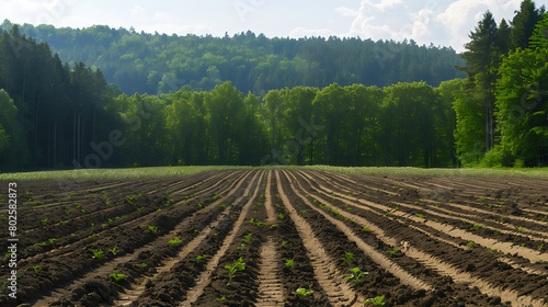 The image portrays a serene landscape featuring a freshly plowed field in the foreground and a dense forest in the background