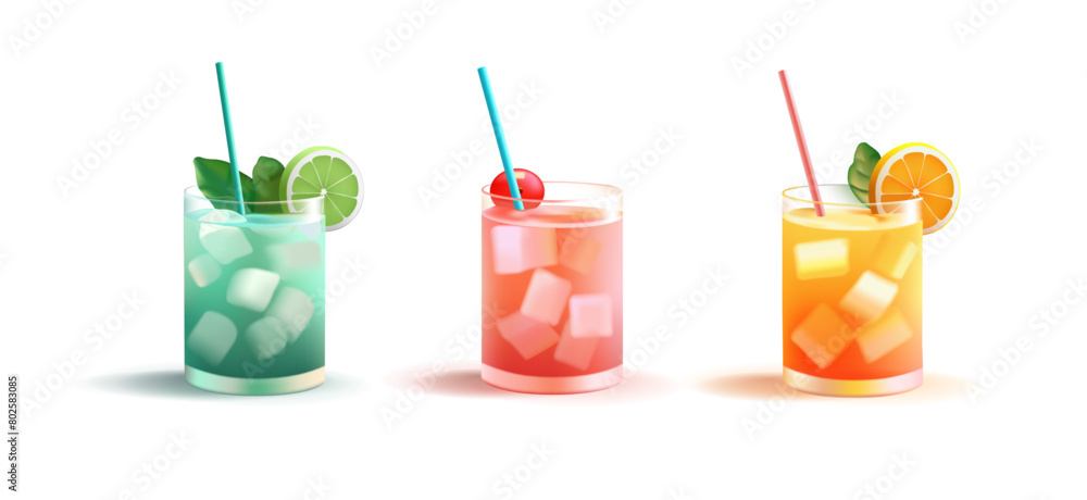 A set of colored alcoholic and non-alcoholic cocktails in glasses with ice, 3D. Cocktails for design concepts of restaurants, pubs, refreshingly cold and delicious drinks. Vector A set of colored alcoholic and non-alcoholic cocktails in glasses with ice, 3D. Cocktails for design concepts of restaurants, pubs, refreshingly cold and delicious drinks. Vector