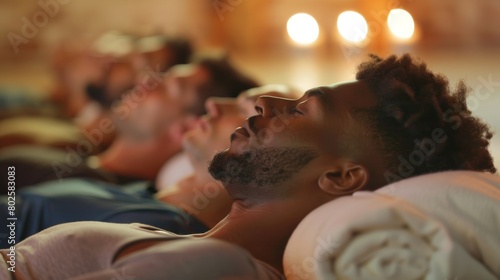 A diverse group of men lying in Savasana corpse pose at the end of a restorative yoga class with their hands resting on their chests and a sense of calm on their faces.