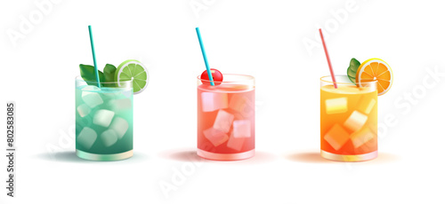 A set of colored alcoholic and non-alcoholic cocktails in glasses with ice, 3D. Cocktails for design concepts of restaurants, pubs, refreshingly cold and delicious drinks. Vector