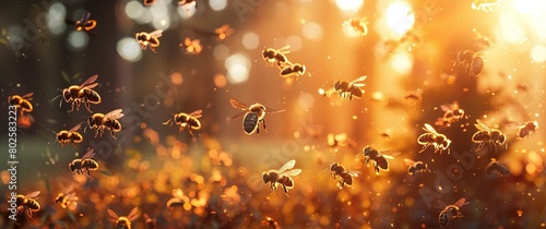 Photograph shows hundreds of bees in detail. The organization and tireless activity of these hard-working creatures. We appreciate the importance of bees and their vital role in pollination. Honeycomb photo