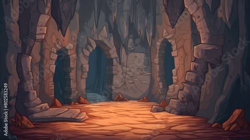 Cartoon illustration of a mystical dungeon with eerie torchlight and molten floors, hinting at hidden adventures photo