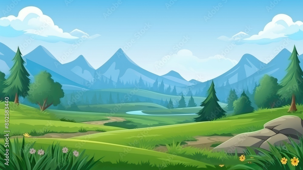 eamless country landscape, perfect for side-scrolling adventure games, with lush fields and rolling hills