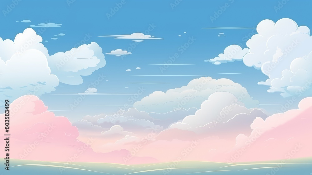 Cheerful cartoon illustration of fluffy clouds drifting in a bright blue sky, perfect for a serene backdrop