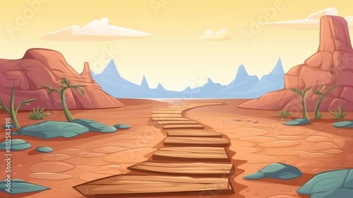 Cartoon illustration of a tranquil desert sunset  with warm tones painting a serene wilderness landscape