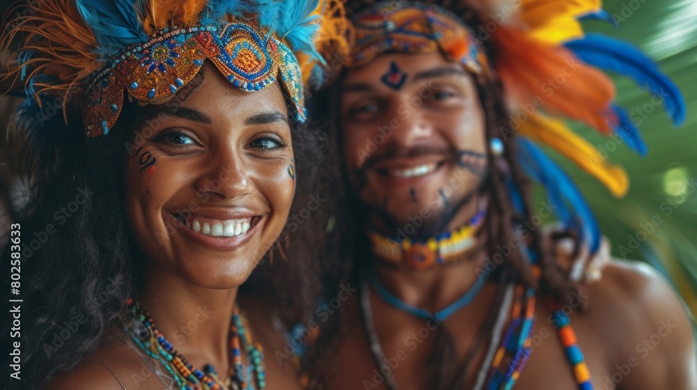 Joyful Brazilian Couple Celebrating Carnival in Vibrant Costumes Joyful Brazilian Couple Celebrating Carnival in Vibrant Costumes