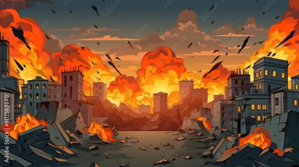 Vivid cartoon illustration of a city ablaze, capturing the chaos and intensity of urban warfare