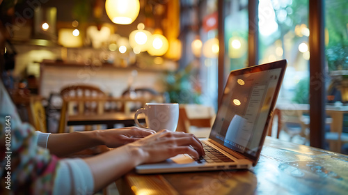 The image features a person using a laptop in a cozy café environment. The main focus is on the person’s hands typing on the laptop keyboard