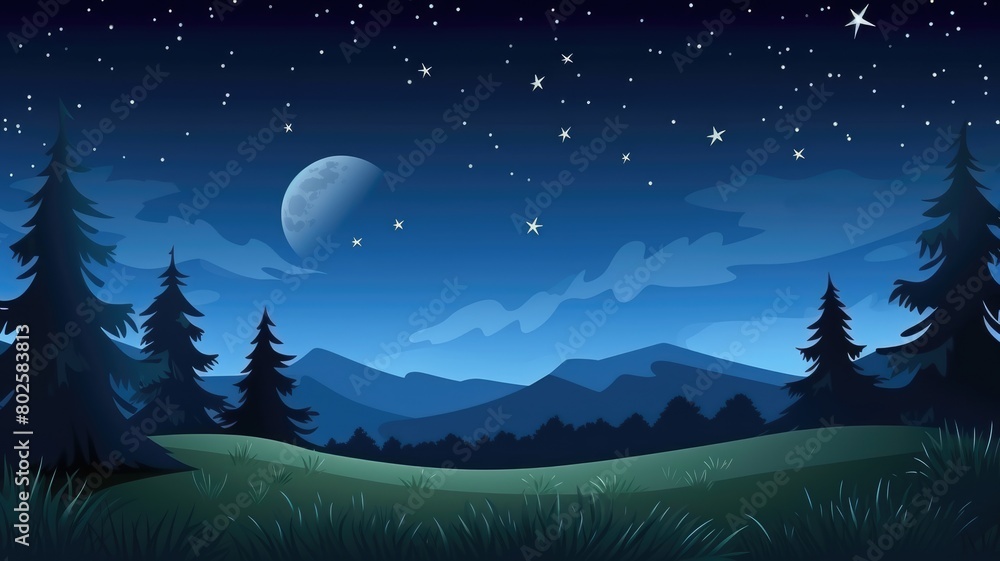Fototapeta premium Whimsical cartoon illustration of a tranquil night landscape with a moonlit sky and forest silhouette