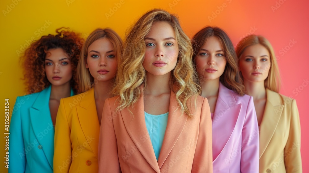 Striking Portrait of Five Young Women in Colorful Blazers Against a Vibrant Background