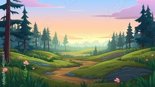 Captivating cartoon illustration of a summer evening forest  bathed in the warm glow of the setting sun