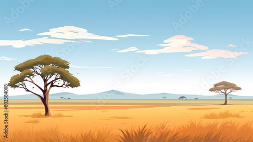 Sunny African savannah with acacia trees and expansive grasslands  perfect for serene nature scenes and safari backdrops