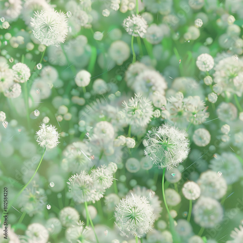Seamless pattern of white dandelions ready to be blown by the wind in the green field photo