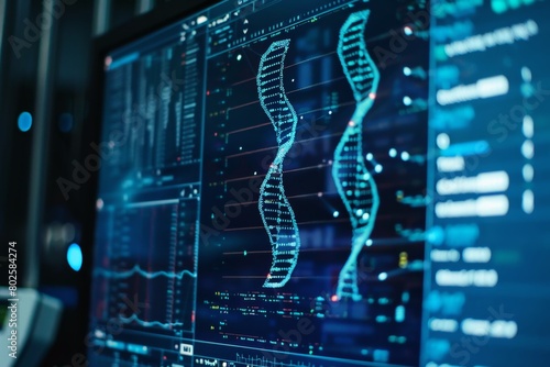 A computer screen displaying genetic code being sequenced and analyzed. photo