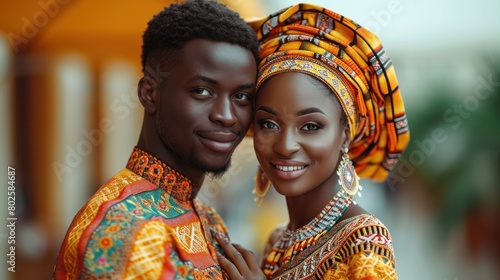 Elegant African Couple in Traditional Attire Posing Warmly in a Close Embrace