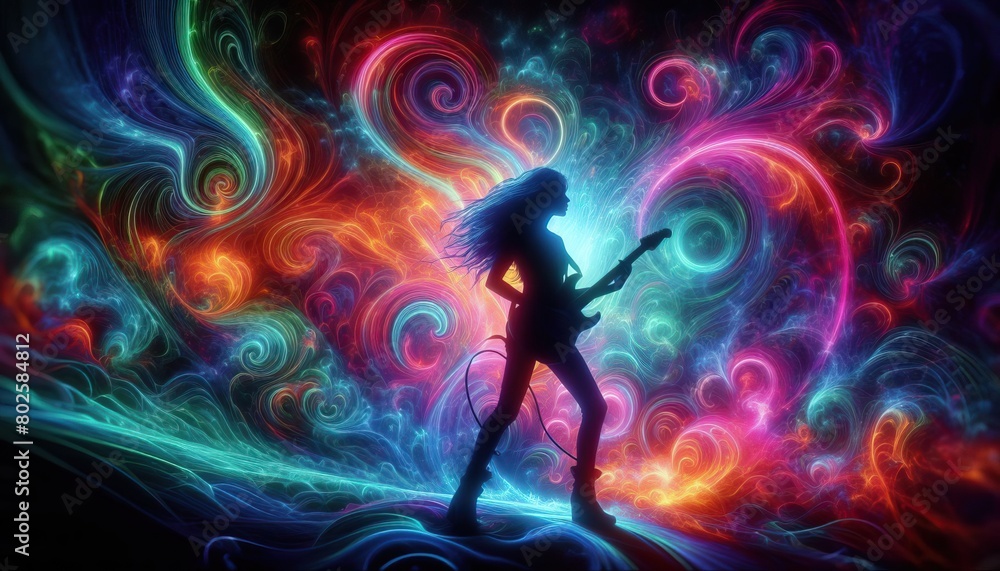 vibrant abstract composition with swirling neon colors surrounding dark silhouette of person playing an electric guitar