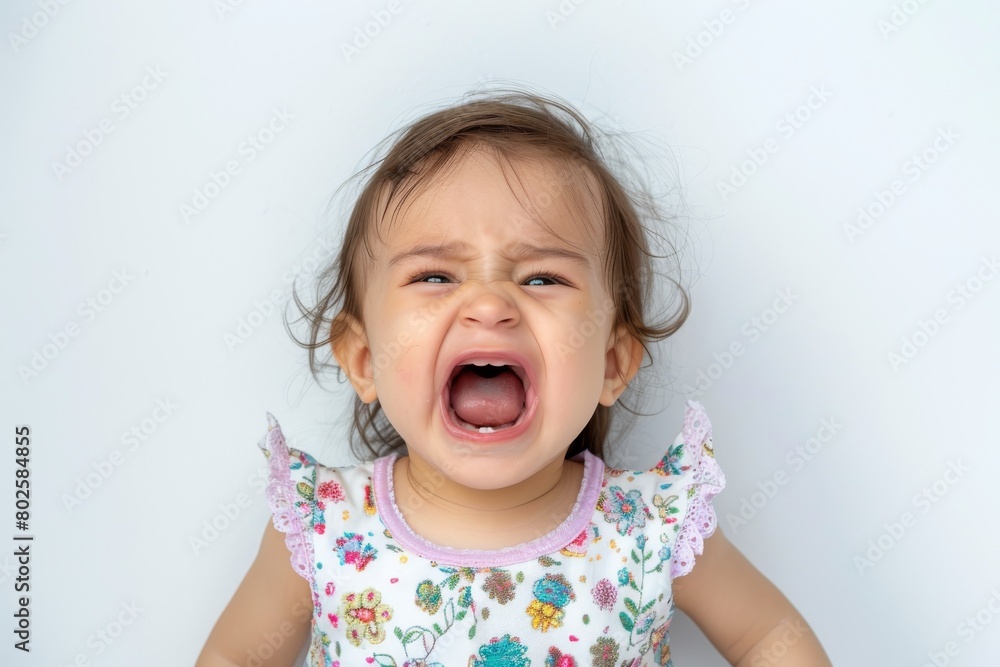 Closeup photo of a cute little baby girl child crying and screaming isolated on white background Closeup photo of a cute little baby girl child crying and screaming isolated on white background