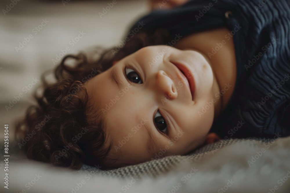 Curly-haired baby smiling while lying on back Curly-haired baby smiling while lying on back