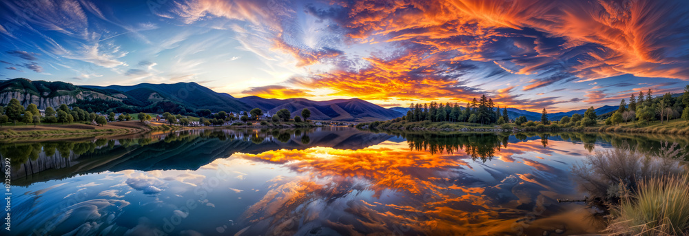 Wide Mountain Lake Vista. A wide panoramic shot captures a picturesque mountain lake reflecting a dramatic sunset sky, creating a stunning natural landscape. Panoramic Nature Scenery