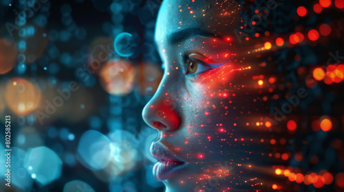 A surreal illustration of a woman in profile with lights projected on to her face, signifying life in a digital world.