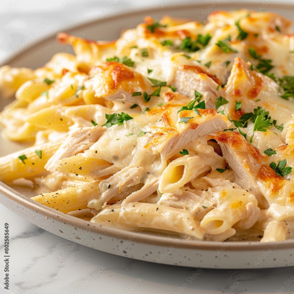 Chicken Alfredo Bake features creamy Alfredo sauce, penne pasta, and shredded chicken, topped with melted, golden brown mozzarella cheese Chicken Alfredo Bake features creamy Alfredo sauce, penne pasta, and shredded chicken, topped with melted, golden brown mozzarella cheese