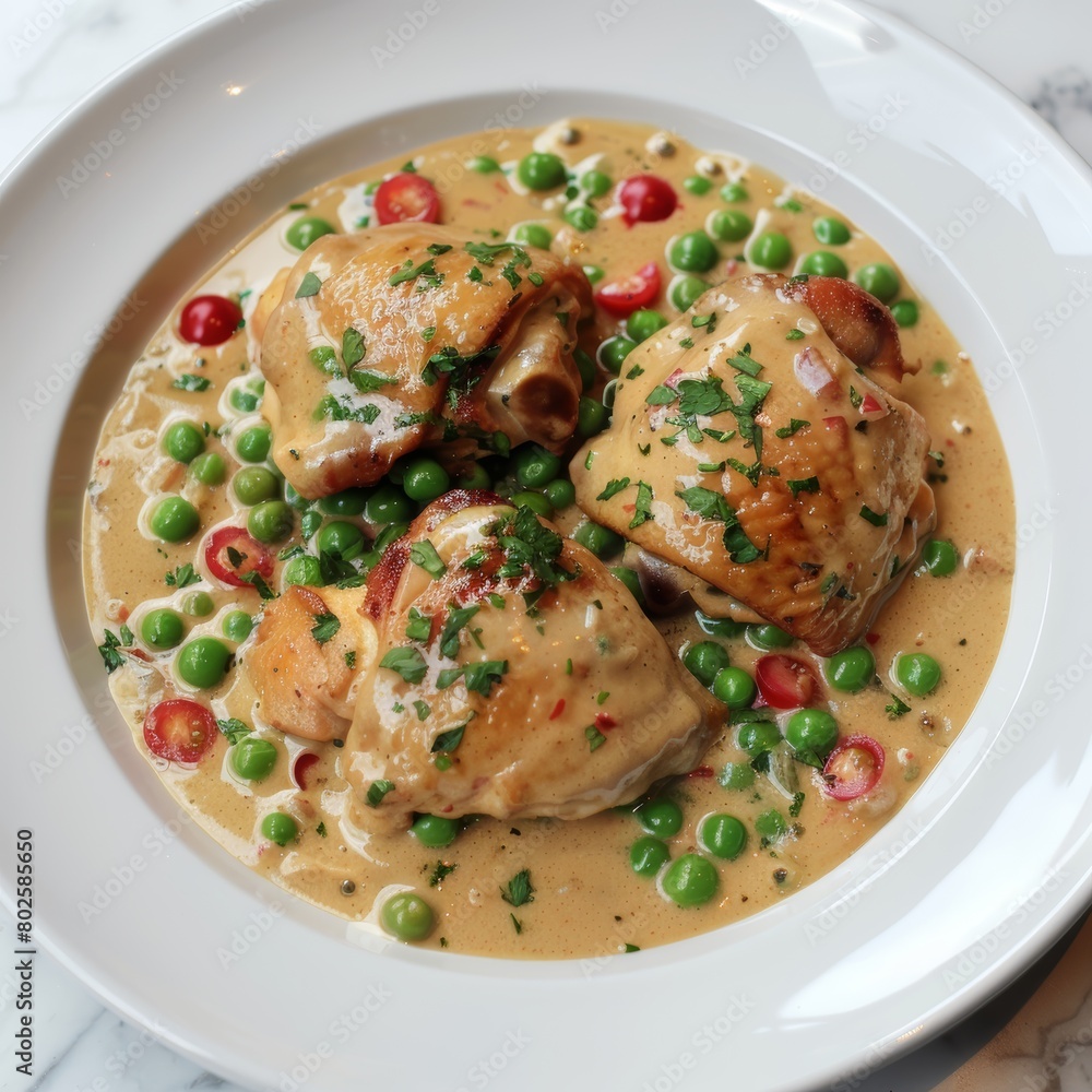 Chicken a la King with creamy sauce generously covering the tender chunks of chicken, with vibrant peas and red pimentos