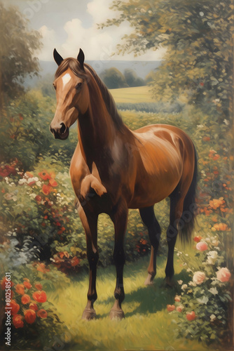 vintage painting art  horse in garden  vertical orientation