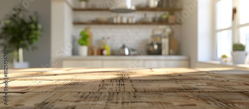 Background of a kitchen room with a table top and blurred surroundings.