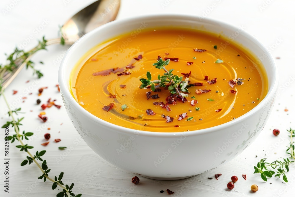 vegetable cream soup decorated with chili flakes and thyme isolated on white background - generative ai vegetable cream soup decorated with chili flakes and thyme isolated on white background - generative ai
