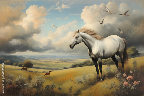 vintage painting art, horse in landscape with birds and clouds