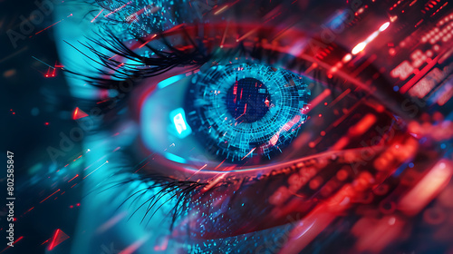 The image features a close-up view of a human eye surrounded by dynamic, digital data streams #802585847