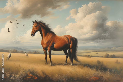 vintage painting art  horse in landscape with birds and clouds