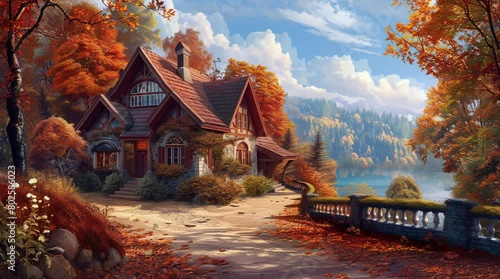 Autumn Retreat: A charming house surrounded by the vibrant colors of an autumn landscape, where golden leaves Seamless looping 4k time-lapse virtual video animation background. Generated AI photo