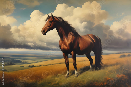 vintage painting art, horse in landscape with clouds © Marco