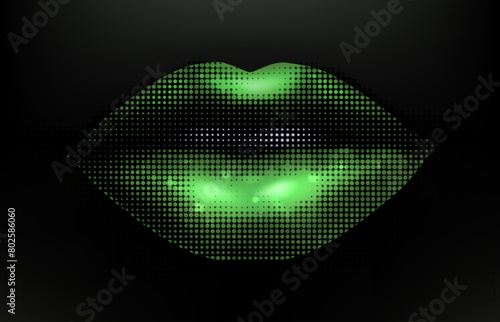 Green lips retro halftone on the black background. Natural sexy female lips in style modern dotted pop art style. Vector illustration with vintage grunge punk cutout photo